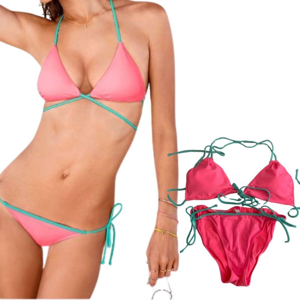 Victoria's Secret pink and green triangle bikini set sz L